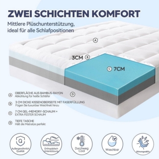 Elemuse, Topper H3/H4 Gel Memory-Schaum Matratzentopper, Waschbar Bezug, 10 cm hoch, Doppel Komfortschaum, für Matratze, Boxspringbett, Allergiker geeignet