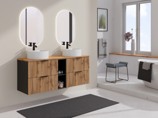 Vente-unique - Waschbeckenunterschrank hängend mit Ablagen - Streifenoptik - Holzfarben hell - 140 cm - MADELA