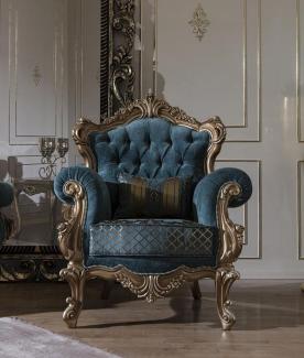 Casa Padrino Luxus Barock Sessel Blau / Gold 97x90 x H. 115 cm - Wohnzimmer Sessel mit elegantem Muster und dekorativem Kissen - Barock Wohnzimmer Möbel