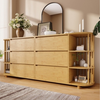 Flieks Kommode mit 6 Schubladen und offenen Regalen (Mit verstellbaren Fußpolstern, 1 St, H75/B160/T40 cm), oval Sideboard Mehrzweckschrank Holzschrank in Landhausstil