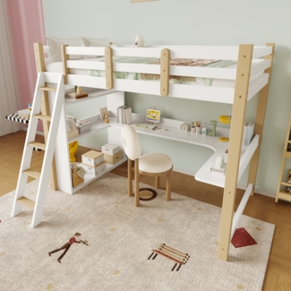 LVHOM Kinderbett 90x200cm Komplettbett Kinderbetten, Hausbett, Massivholz, mit Treppe und Stauraum, mit integriertem Schreibtisch, Regalen, Schutzleisten, Lattenrost und rutschfester Schrägleiter