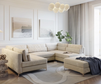 DELIFE Wohnlandschaft Elio, Cord Beige 300x185 cm mit Hocker Wohnlandschaft