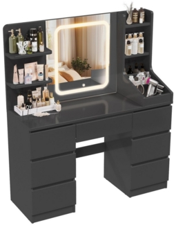 Furnicopia Schminktisch Einstellbare Helligkeit mit 7 Schubladen und 8 offenen Ablagefächern (Größe: 110 x 40 x 139 cm, Integrierte LED-Leiste mit einstellbaren drei Farbtemperaturen, Optional erhältlich mit Hocker mit Stauraum)
