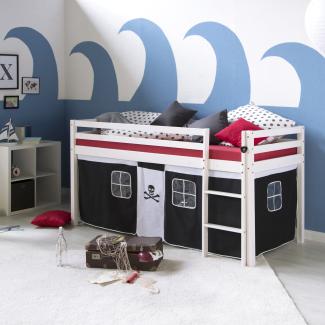 Hochbett Kinderbett Leiter Kiefer Vorhang schwarz 90x200 Jugendbett