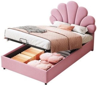 HAUSS SPOLE Polsterbett 90x200cm mit geblümtem Kopfteil, hydraulischem Stauraum, Samt, Rosa (mit Stauraum, höhenverstellbares florales Kopfteil, Samtstoff, für Jugend- und Kinderzimmer, 90x200 cm), Ohne Matratze