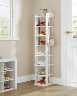 Schuhregal, Schmales Schuhablage mit 8 Ebenen, Holz-Schuh-Organizer mit Haken, Verstellbar, Platzsparend, Geeignet für Eingang, Flur, Wohnzimmer, Weiß