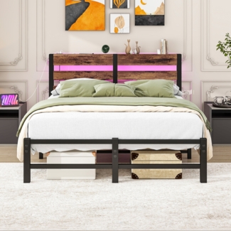 Metallbettgestell 120x200 cm mit LED & USB, schwarz-braun, 200 kg, Stauraum (Ohne Matratze)