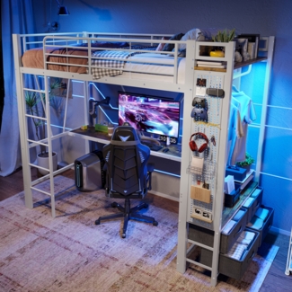 Hochbett mit Schreibtisch, Trockenstab, Regalen und 4 Schubladen Jugendbett, Multifunktionales Hochbett, LED-Beleuchtung,Weiß