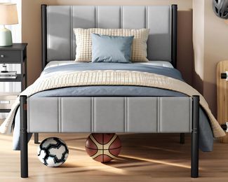 VASAGLE Einzelbettgestell, 90x200 cm, mit gepolstertem Kopfteil, Bettrahmen, trägt bis zu 250 kg, Stahl Taubengrau