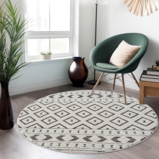 Teppich Rund 160x160cm - Creme-Grau Raute Muster Boho Design Flachflor Hochtief Struktur Bodenbelag Deko