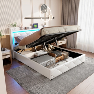 140x200cm Wei?es PU-Bett mit Kristallkn?pfen, Gasdruckfeder und LED