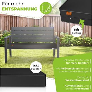 KESSER® Gartenbank mit Kissen – Sitzbank Wetterfest 2-Sitzer Parkbank in Holzoptik Balkonbank für Garten Terrasse Balkon bis 300 kg belastbar UV-beständig inkl. abnehmbarem & waschbarem Polsterbezug Anthrazit / Anthrazit