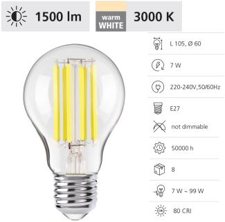 Eglo 110244 LED Filament Leuchtmittel E27 Glas klar 1X7W 3000K L:10. 5cm Ø6cm