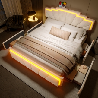 LVHOM Polsterbett 140x200cm mit LED&USB, Doppelbett mit vier Schubladen, Jugendbett mit höhenverstellbarem Kopfteil, Holzbett mit Lattenrost