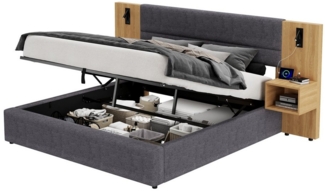 OKWISH Polsterbett mit hydraulischer Aufbewahrung und 2 Nachttischen (Struraumbett, Doppelbett,Funktionsbett, 2-tlg, 180 x 200 cm, mit Matratze), mit USB-Ladeanschlüssen, Holzmaserung, Lesebeleuchtung