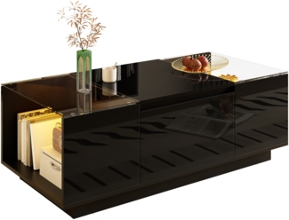 Couchtisch, Moderner minimalistischer Tisch mit Stauraum, LED-Stimmungsbeleuchtung, Glasplatte und 2 Schubladen, MDF + Glas, Weiß, 105 cm