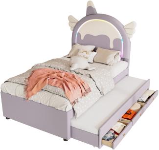 Merax 90*200cm Polsterbett, ausgestattet mit ausziehbares rollbett, PU-Material,Violett