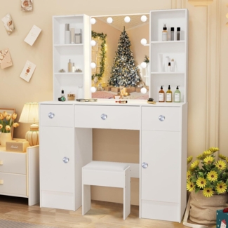 Schminktisch mit Beleuchtung 3 Lichtmodi, Spiegel Hocker Kosmetiktisch