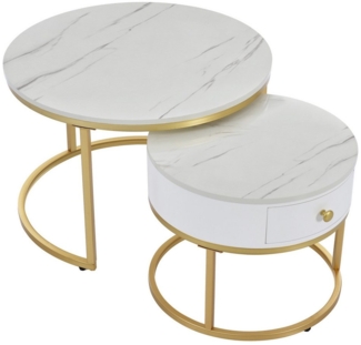 Merax Couchtisch Set rund Satztisch Wohnzimmertisch 1,5 cm Platte, hochglanz Marmoroptik aus Holz mit goldem Metallbeine