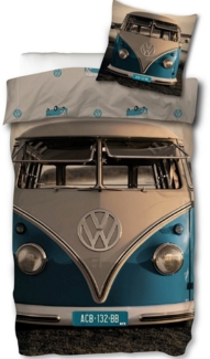 SkyBrands Bettwäsche VW Bulli T1 Samba Blau, Renforcé, 2 teilig, Auto, Bulli, Strand