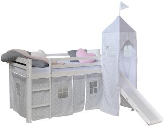 Hochbett Kinderbett Rutsche Turm Vorhang grau Stern 90x200 Jugendbett
