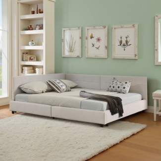 Doppelbett 140×200 cm mit hoher Rückenlehne, Velvet-Stoff & stabilem Metallrahmen, gepolstertes Jugend,Beige