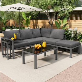 Ulife Gartenlounge-Set Gartenmöbel-Set für 5 Personen wetterfeste Lounge-Möbel mit Kissen, (5-tlg), 2 Eckbänke, 1 Hocker, 1 Couchtisch, 1 Beistelltisch
