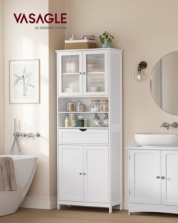 VASAGLE Badezimmerschrank, Badschrank, Aufbewahrungsschrank mit verstellbaren Ablagen, Schublade, offenen Fächern, für Badezimmer, Wohnzimmer, Esszimmer, wolkenweiß BBC768W01