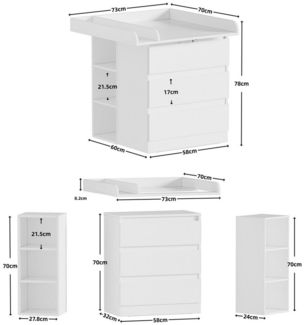 TWSOUL Wickelkommode 2-in-1 Wickelkommode mit abnehmbarem Wickelaufsatz, 3 Schubladen & 6 Regalfächer, weiß