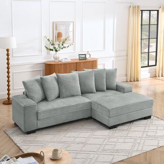 Flieks Ecksofa 4-Sitzer, modular L Sofa, 6 Kissen, für Wohnzimmer & Büro, Cord, Grau