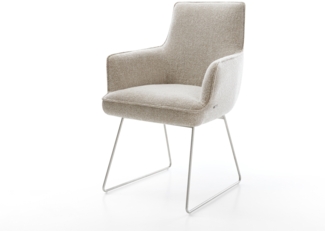 Esszimmerstuhl Heira-Flex mit Armlehnen Webstoff Soft Beige Kufengestell Edelstahl Taschenfederkern