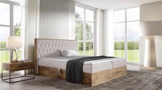 Boxspringbett Bett BROMIA 140x220cm Lancelot Eiche Stoff Hellbeige inkl. Bettkasten