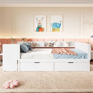 SOFTWEARY Jugendbett mit Schubladen, Lattenrost und Schreibtisch (140x200 cm), Doppelbett, Holzbett