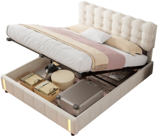 FUROKOY Polsterbett Doppelbett Hydraulisch Stauraumbett mit Bettkasten und Lattenrost (Bettgestell, 1-tlg, Mit Sensorlicht für den menschlichen Körper), 140x200 cm,Gepolstert,mit Stauraum,Samtmaterial,Beige