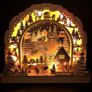 Online-Fuchs LED Schwibbogen mit verschneiter Winterlandschaft & Hologrammfolie - kabellos, inklusive 6-Stunden Timerfunktion - Weihnachtsdeko