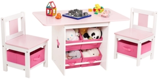 Yorbay Kindersitzgruppe Kindertisch mit 2 Stühlen, mit 6 Aufbewahrungskörben, (Kindersitzgruppe 3tlg, Rosa + Weiß, Kindertisch mit Stauraum), Sitzgruppe für Kinder, Maltisch für Kinderzimmer, Spielzimmer