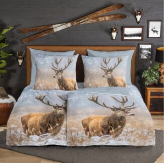 JACK Bettwäsche 135x200cm, Hirsch Schneezauber, Flanell, 2 teilig, mit zarten Schneeflocken