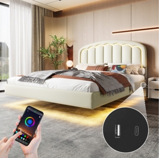 LVHOM Polsterbett 140x200cm/160x200cm weich gepolstertes Kopfteil, PU-Leder Bettgestell (LED-Licht–Schwebendes Design, Seitlicher USB/Typ C-Ladeanschluss, Praktischer Stauraum, Robustes Metallgestell, Schlafzimmer,Apartment,Familienzimmer,Gästezimmer,S...