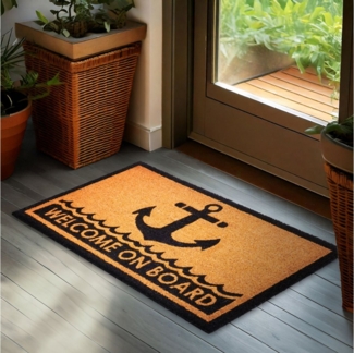 BRUBAKER Fußmatte Welcome on Board - 45 x 75 cm Schmutzfangmatte - Anker, Rechteckig, Höhe: 15 mm, Fußmatte für Außen und Innen aus Kokos - Wetterfest und Rutschfest