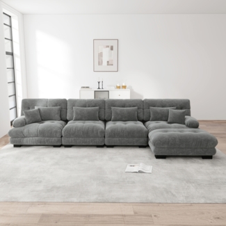 Ecksofa, Modulares L-förmiges Couch Set für Wohnzimmer 4-Sitzer komfortable Cloud Couches mit beweglichem Ottoman DIY-Kombination, Chenille, Grau