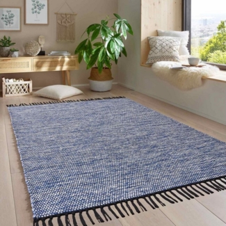 TaraCarpet Wollteppich Handwebteppich Borkum 100% Baumwolle, rechteckig, Höhe: 5 mm, gewebt Baumwolle blau nachhaltig modern Wohnzimmer Küche 080x150 cm