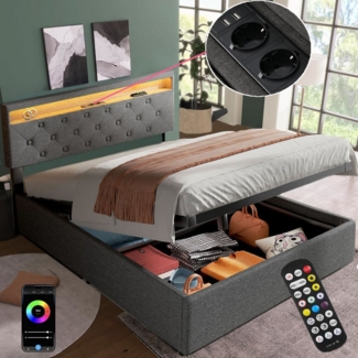 oyajia Polsterbett LED Doppelbett 160x200cm, Hydraulisch anhebbarer Stauraum Polsterbett, Modernes Multifunktionsbett, Leises Design Bett, Großes Stauraumbett