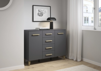 rauch Aditio Box, Kommode, 2-türig, 4 Schubladen, Massivholz-Fuß, mit Softclose-Funktion, Farbe Grau metallic, BxHxT 120x92x44cm