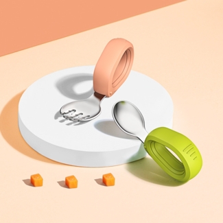 Babygeschirr-Set aus Edelstahl 304, bestehend aus Babylöffel und -gabel, Silikon-Löffel- und -Gabelset mit kurzem Griff und Aufbewahrungsbox – Grün + Rosa