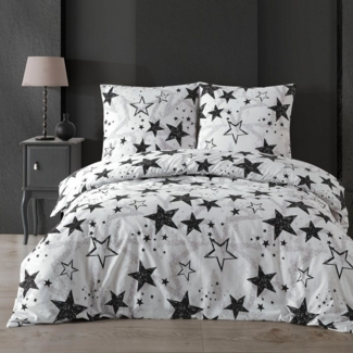 Buymax Bettwäsche Sterne-Muster, Stella Black, Renforcé, 2 teilig, Bettbezug-Set 155x220 cm 100% Baumwolle Reißverschluss Weiß Schwarz