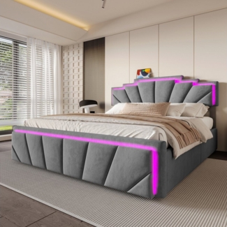 Celya Polsterbett Doppelbett mit einzigartigem trapezförmigem Kopfteil (USB Type-C Anschluss, 2 geräumige Schubladen, Ohne Matratze, integrierter LED-Lichtleiste & 2-facher Höhenverstellung), Modernes Polsterbett 160x200CM Elegantes Design