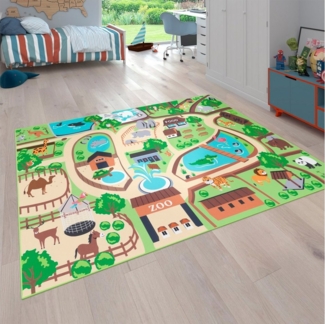 Paco Home Kinderteppich Bino 563, rechteckig, Höhe: 4 mm, Kurzflor, Straßen-Spiel-Teppich, Motiv Zoo, Kinderzimmer