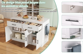 Kücheninsel 120x60x91 cm, Bartheke 20 cm, Arbeitsplatte Marmoroptik, Steckdosen & USB,Weiß