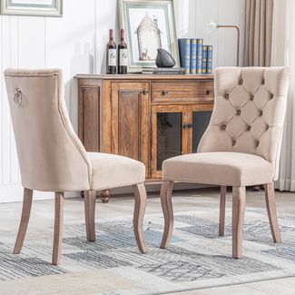 Esszimmerstuhl (2er Set) beige Samt, hohe Rückenlehne, Massivholzgestell