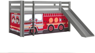 Kinderbett mit Rutsche Karolina Massivholz Grau Textilset Feuerwehr